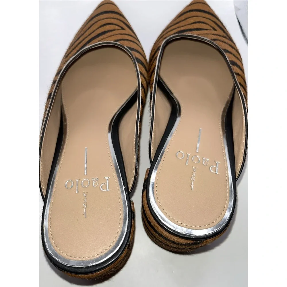 Linea Paolo Genuine Calf hair Mule 7 Pointed Toe Leopard Print Block Heel Luxe